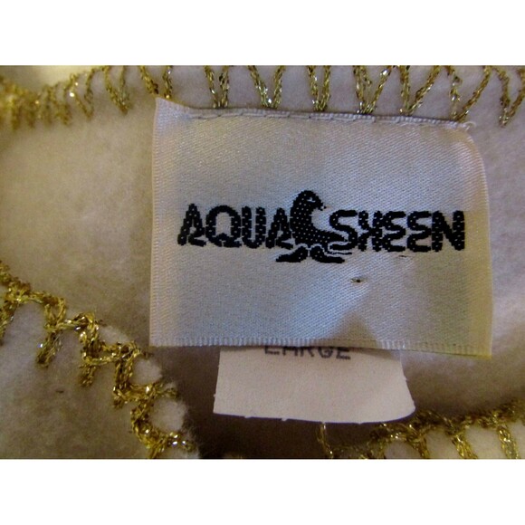 Aqua Sheen Cardigan Vintage Eggshell White Polar Fleece Sweater Gold Trim Size L - Picture 11 of 13